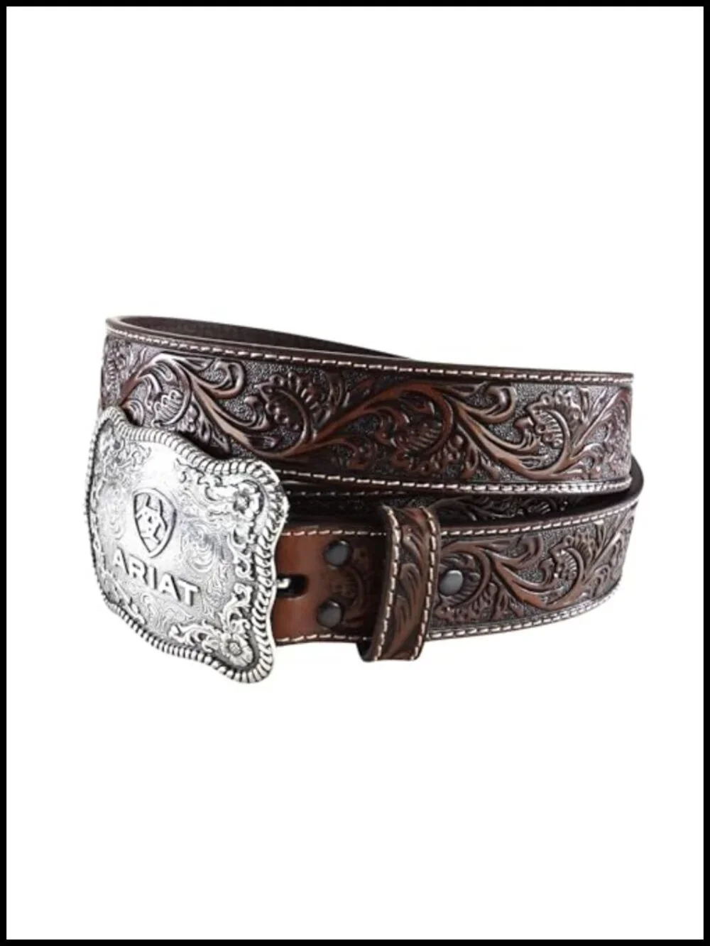 Men's Floral Embossed Leather Belt with Cowboy Buckle